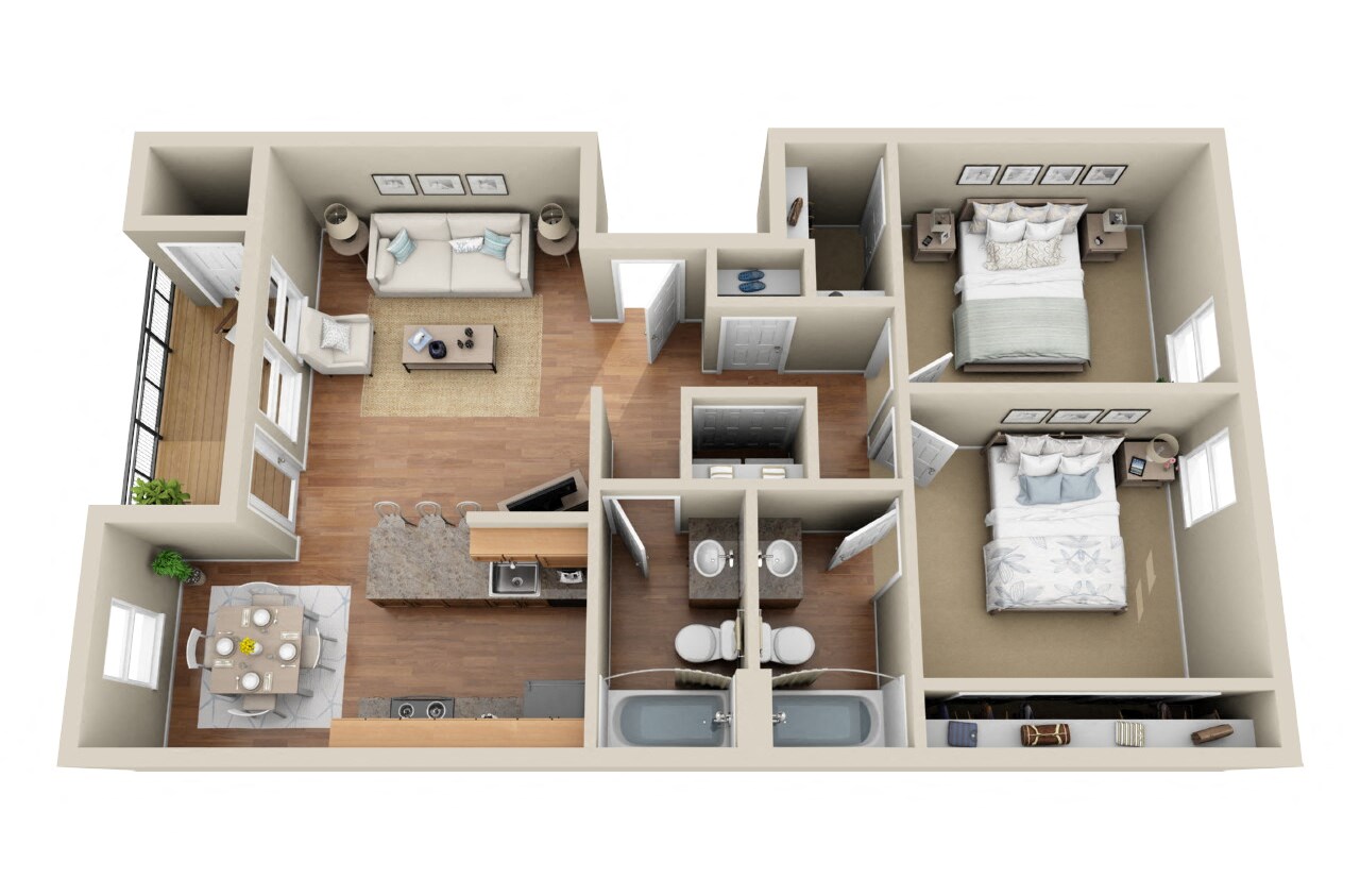 Floor plan for 2 beds, 2 baths, 961 sqft